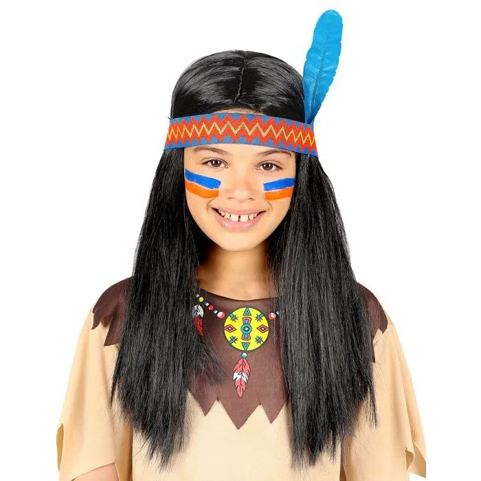 Perruque indien avec bandeau et plume enfant-0