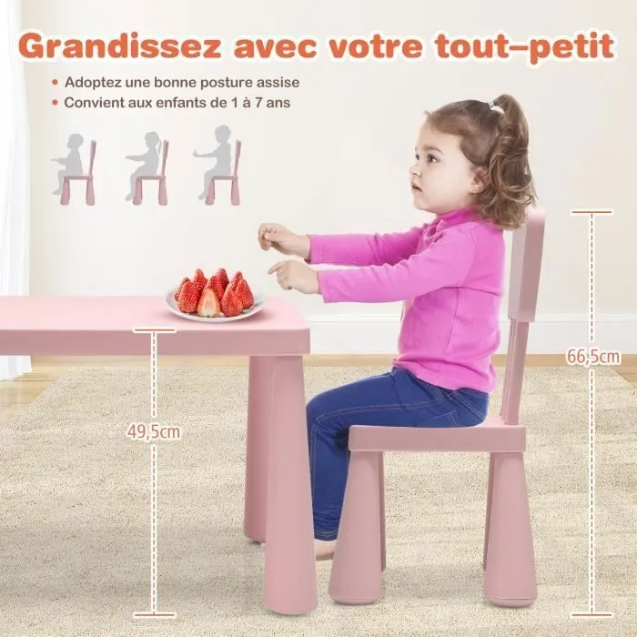 COSTWAY Table avec 2 Chaises pour Enfants 1-7 Ans, Dossier Ergonomique Hauteur Scientifique pour Manger Dessiner Écrire, Rose-2