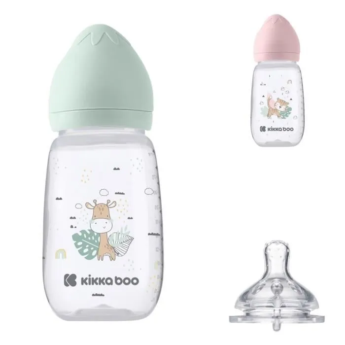 Kikkaboo Biberon Savanna 310ml Tétine silicone taille M Anti-colique 6 mois et + [Vert]-0