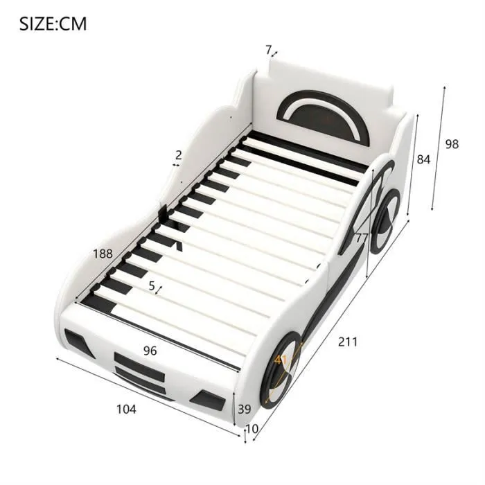 Lit coffre voiture pour enfant - Blanc - 90x200cm - Avec sommier à lattes - Espace de rangement - 1 place-3