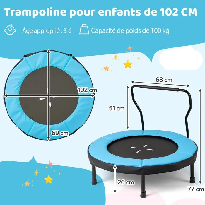 Trampoline Fitness COSTWAY-D. 102cm-Guidon en Mousse et Tapis de Sécurité, Cadeau pour 3 à 6 Ans, Intérieur/Extérieur 100 kg Bleu-5