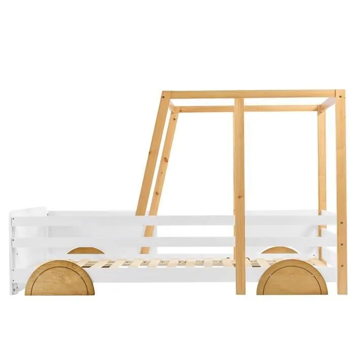 Lit enfant - DREAMMESPACE - Modèle Jeep - 90 x 200 cm - MDF et pin - Couleur Naturel + Blanc-1