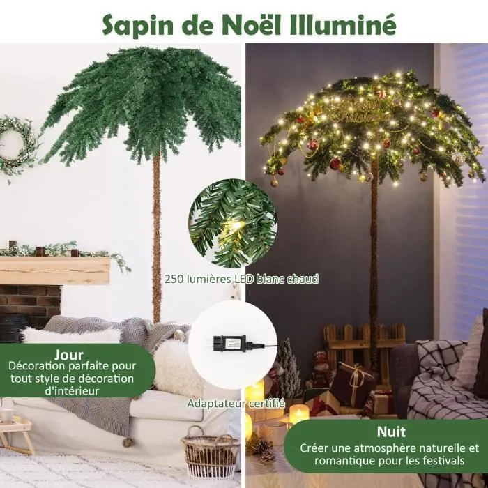 COSTWAY Sapin de Noël Lumineux 180 cm Feuilles Palmier avec 250 Lumières LED Blanc Chaud Base en Métal 813 Branches pour Porche-1