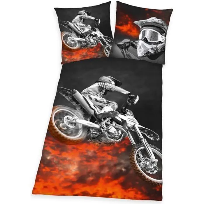 Housse de Couette et Taie d'Oreiller - MOTOCROSS - 140x200 cm - 100% Polyester - Lavable - Enfant-0
