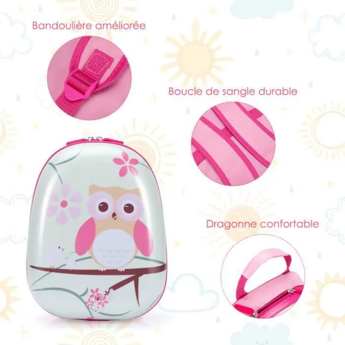 Valise Trolley pour Enfants - COSTWAY - Motif Hibou Mignon - Rose - ABS - 4 roulettes-2