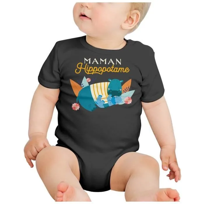 Body Bébé Manche Courte Noir Maman Hippopotame et son Bébé Dessin Illustration-1