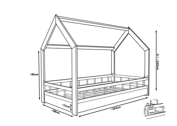 Lit Cabane Maison en Bois Naturel Brut 160x80 cm avec Barreaux : Charme Authentique pour la Chambre d'Enfant-1