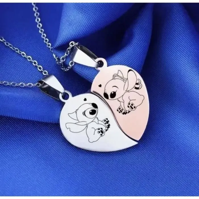 collier stitch angel argenté rosé amour 2pcs/lot pendentif cadeau femme homme enfant sautoir amour mode accessoire-0