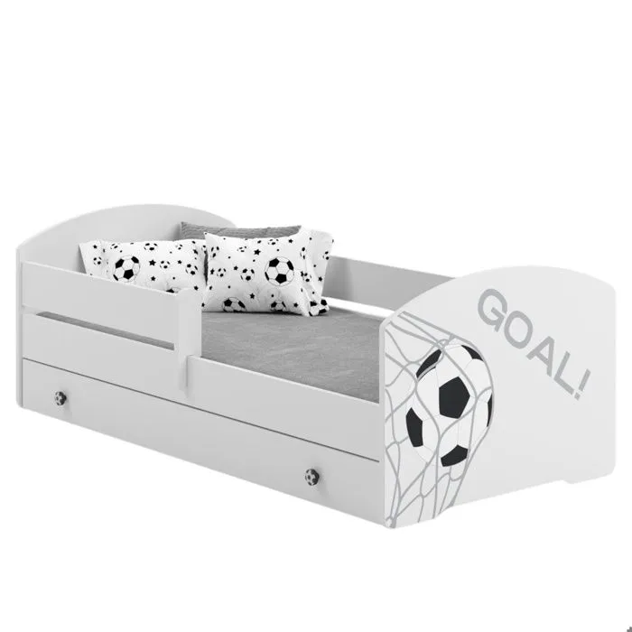 Lit enfant LUK 80x160 avec matelas sommier et tiroir, barrière de sécurité Blanc - football-1