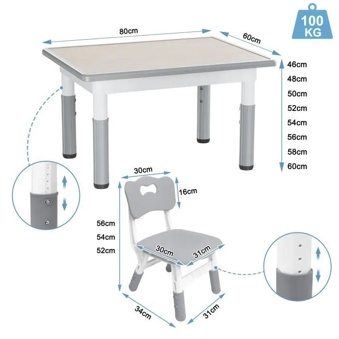 UISEBRT Table avec 2 Chaises pour Enfants Hauteur Réglable Meubles en Plastique pour Garçons et Filles de 2 à 10 Ans, 80 x 60 cm-1