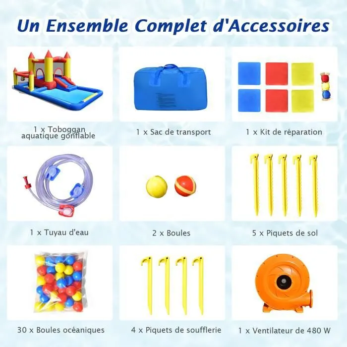 COSTWAY Toboggan Aquatique Gonflable Gonfleur 480W Zone de Saut,Pataugeoire,Piscine à Balles,Panier de Basket-ball,Jeu de Lancer-3