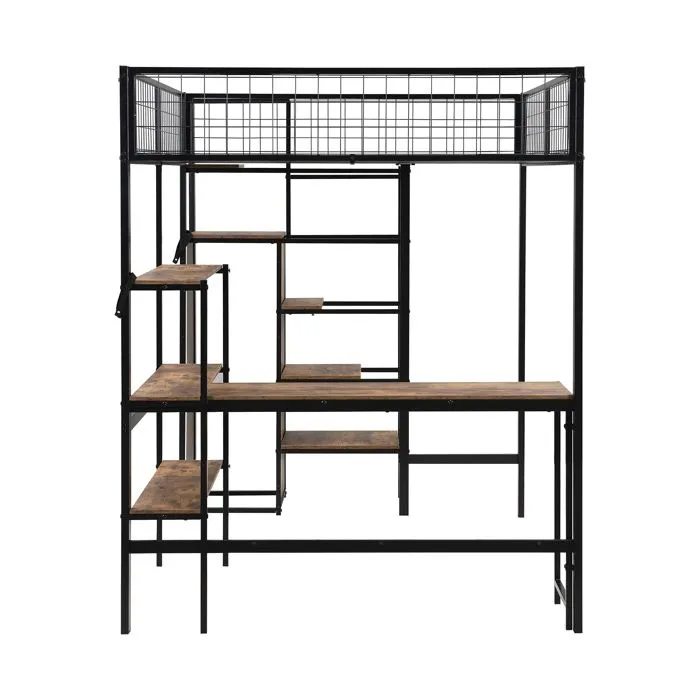 Lit mezzanine - Noir - 140x200cm - Métal - Style industriel - Multifonctionnel-2