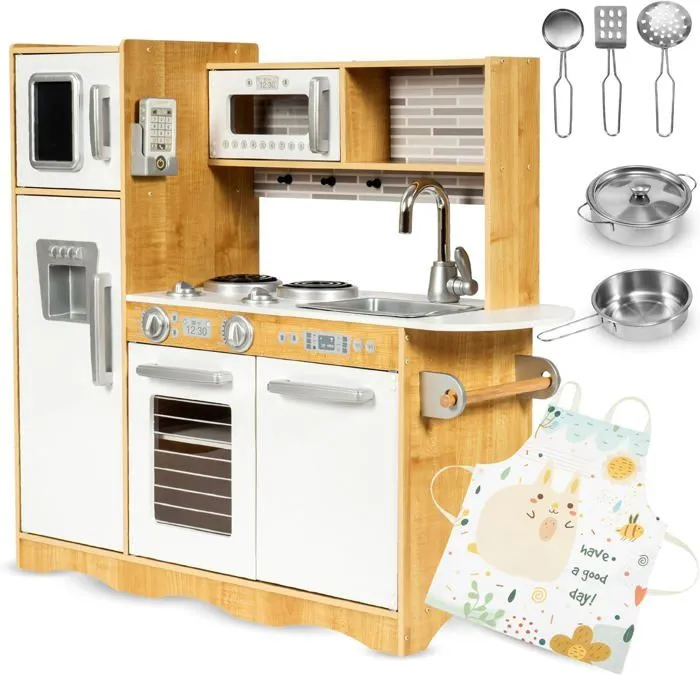 Mamabrum Cuisine Enfant En Bois Éclairage LED XXL 92 x 30 x 82,5 CM Ustensiles Tablier Frigo Micro-ondes Plaque Certifiée CE & EN-0