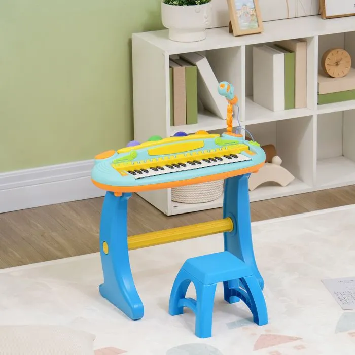 Piano enfant électronique AIYAPLAY 37 touches, avec micro, tabouret, lumière LED, fonction d'enregistrement et de relecture, bleu-1