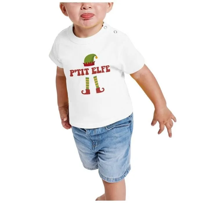 T-shirt Bébé Manche Courte Blanc P'tit Elfe Noel Renne Lutin Hiver Cadeau Père Noel-1