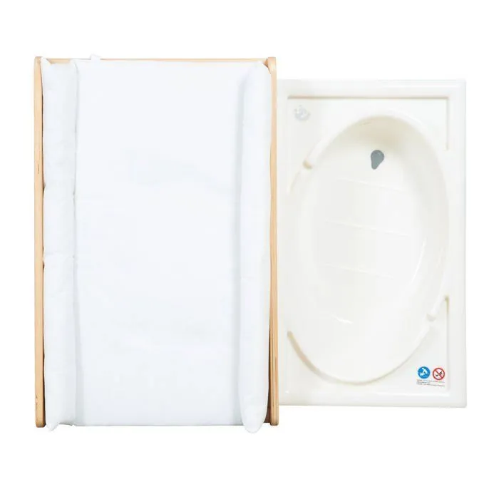 ROBA Table à Langer avec Baignoire Coulissante Baby Pool + Matelas à Langer Imperméable et Étagères en Tissu Blanc - Bois Naturel-4