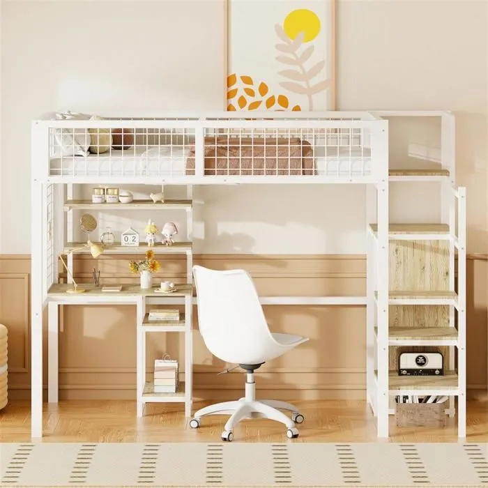 Lit mezzanine - LOFT - 90x200 cm - Métal blanc - Échelle de sécurité - Rangement intégré-1