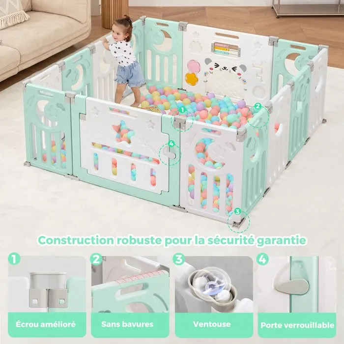 Parc Bébé - XL - Vert - Plastique Ecologique - 0 à 3 ans - 14 Panneaux - 150×150cm - Pliable-1