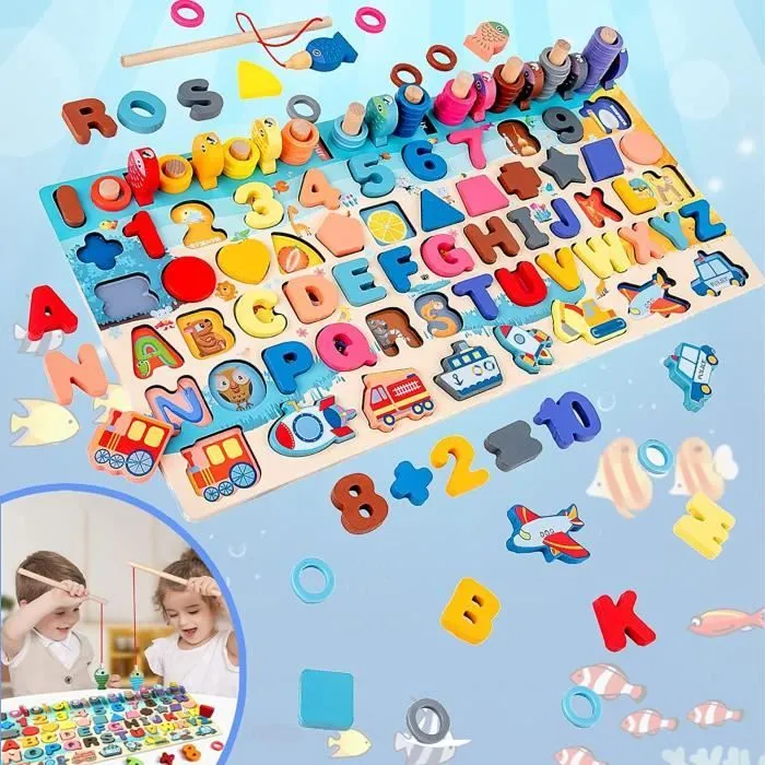 Puzzle en bois 7 en 1 Jeux Montessori, apprentissage des lettres, chiffres, activités et jouets de développement Cadeaux pour enfant