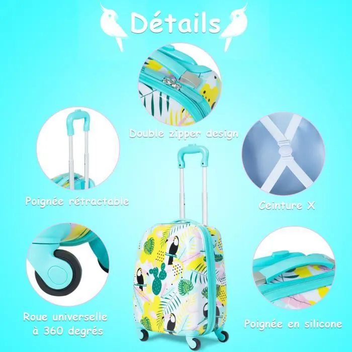 COSTWAY Valise Enfant à Roulettes Bagage pour Enfant 16’’ + Sac à Dos 12’’ en Motif Flamant pour Enfant-2