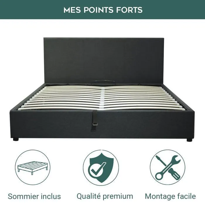 Lit Coffre Prestige 140 x 190 by Sampur | Tissu Gris foncé | Sommier à Lattes en Bois + Tête de Lit inclus - Design Moderne-1