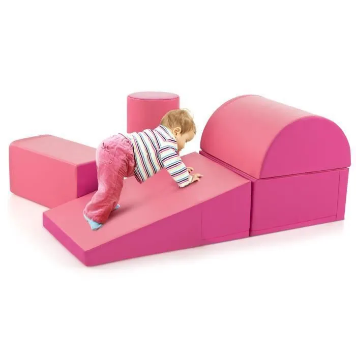 COSTWAY 5PCS Blocs de Construction en Mousse-Housse en PU-Modules de Motricité Enfants-Jouets Éducatifs-9 Mois-Ramper-Rose Rouge-0