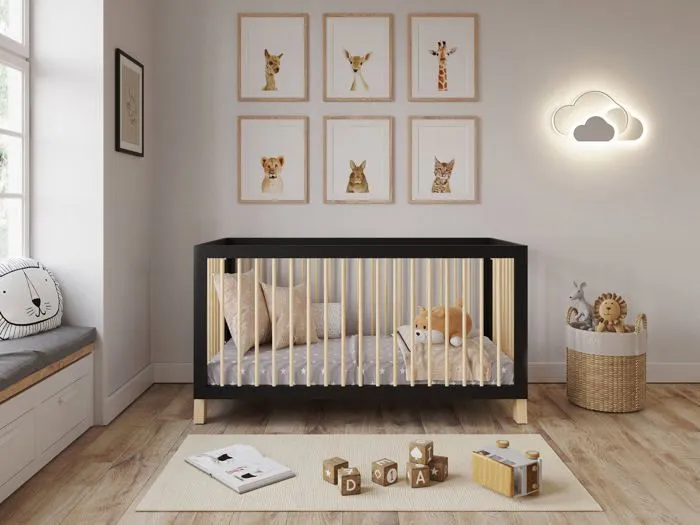Lit Bébé Evolutif Convertible 140 x 70cm Anthracite-Pin, Lit d'enfant en bois 3 EN 1, 3 Niveaux de Réglage de la Hauteur-1