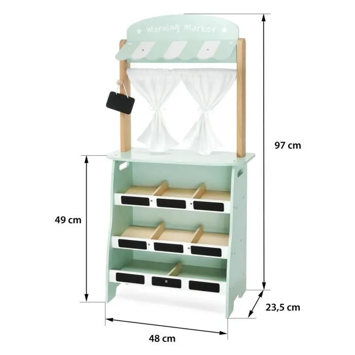 Mamabrum Marchande Enfant & Théâtre en Bois 97*48*24 cm - 2EN1 Grand Stand Vendeur - Caisse, Balance Fruits & Légumes Vert Pastel-2