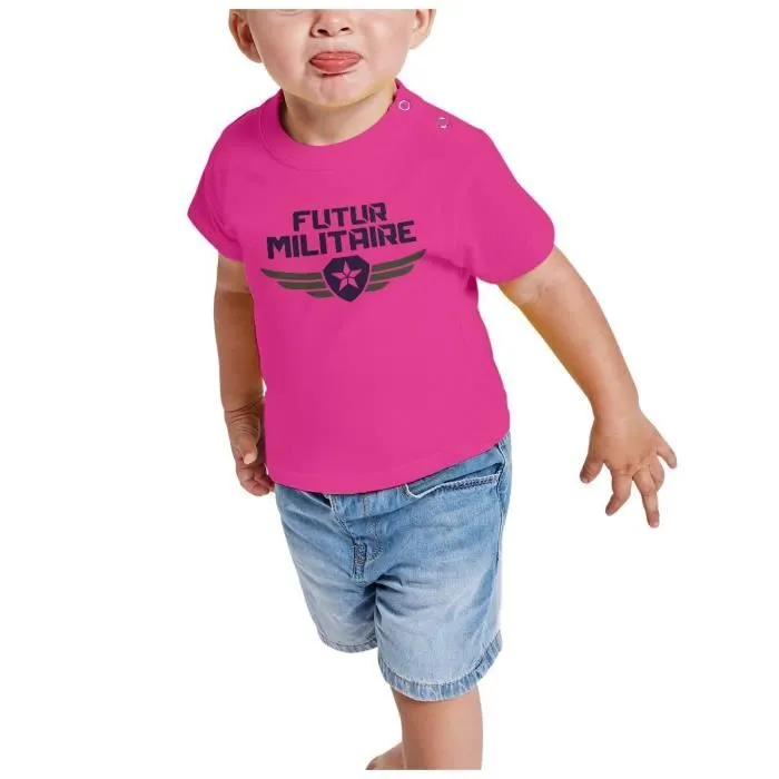 T-shirt Bébé Manche Courte Rose Futur Militaire Armée Avenir Métier Héros-1