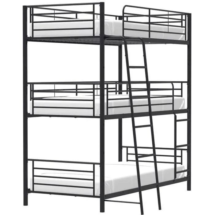 Lits superposés en métal - Noir - Sommiers inclus - 3x90x190 cm - TRIO-0
