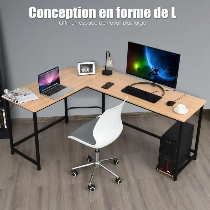 COSTWAY Bureau d’Angle Style Industriel Table Gaming en Bois avec 6 Pieds Réglables Métal Naturel Support Séparé, 168x125x74 cm-3