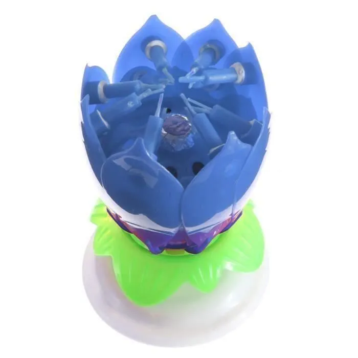 Bougie d'anniversaire fleur musicale lotus rotatif SMRT U - Bleu-2