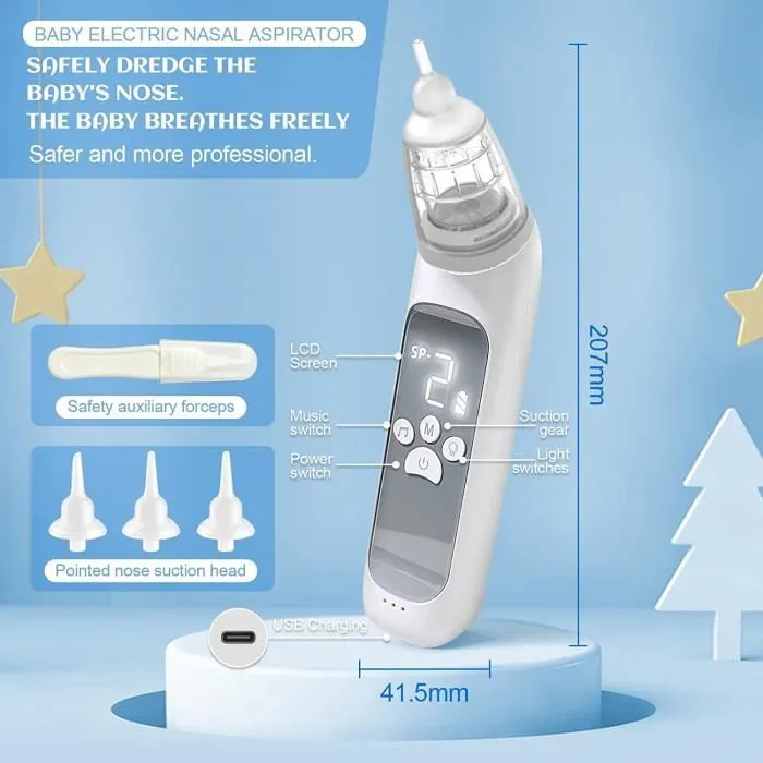 Aspirateur Nasal Électrique Bébé,Mouche Bebe avec 3 niveaux d'aspiration ,lumière, musique et 3buses réutilisables pour bébé-3
