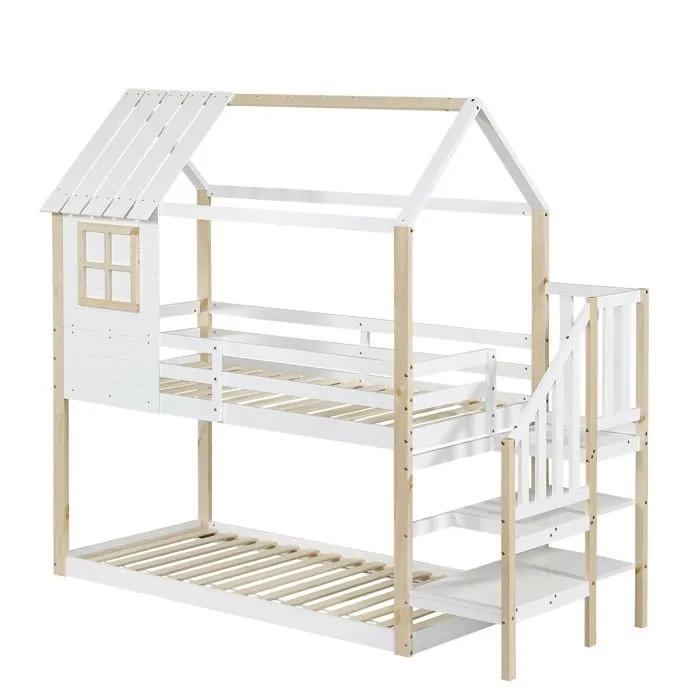Lit superposé - Enfant - 90x200cm - Blanc + Naturel - Design avec fenêtre - Escalier d'angle-4
