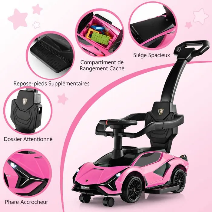 Lamborghini Voiture à Pousser 3 en 1 pour Enfants, Roues Universelles, Poignée Amovibles, Musique, Espace de Rangement, Rose-1