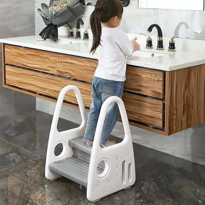 XMTECH Marche Pieds Bebe,Marchepieds d’Enfant Escabeau avec Accoudoirs,Tabouret Antidérapant pour Salle de Bains-Toilette Gris-2