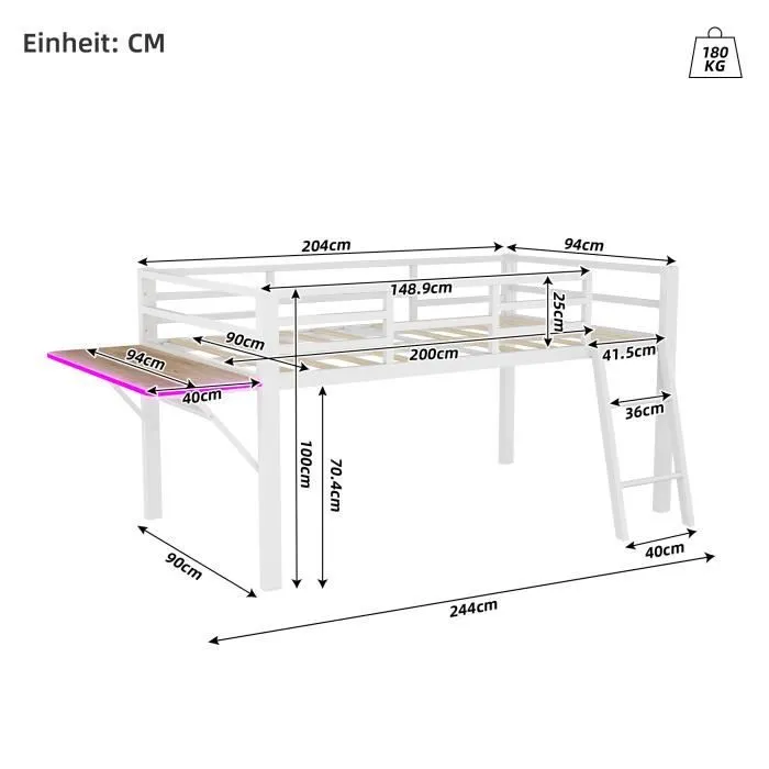 Lit mezzanine enfant - DREAMMESPACE - 90x200 cm - Métal - Bureau pliable - LED télécommandée-3