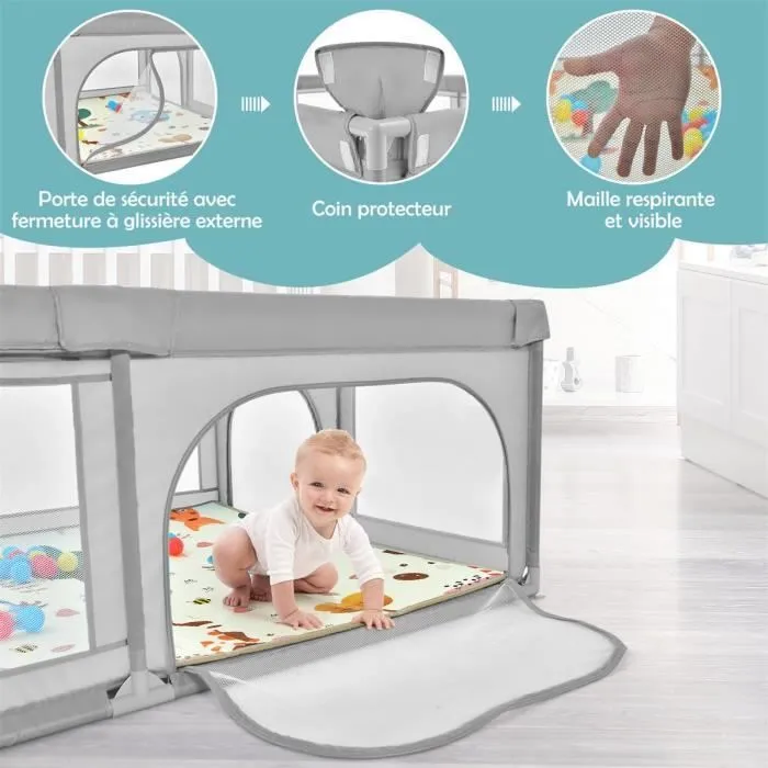 COSTWAY Parc Bébé 205x147x68,5CM avec Tapis de Jeu Pliable en Mousse XPE Porte de Sécurité 50 Balles Colorées Sac de Transport Gris-2