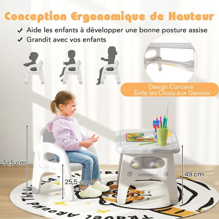 COSTWAY Ensemble Table et Chaise pour Enfants 1-5ans avec Décor Dinosaure Jeux de Construction Plateau de Rangement Plastique Gris-1