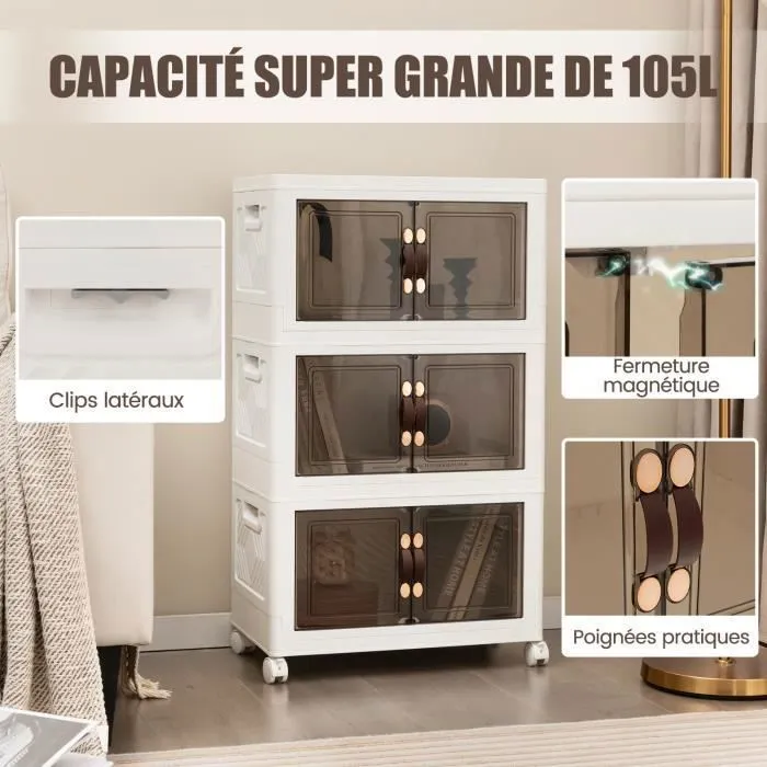 COSTWAY Boîte Rangement Plastique 105L, 3 Caisses de Rangement Pliables avec 4 Roulettes et Couvercles, pour Chambre, Salon, Cuisine-1