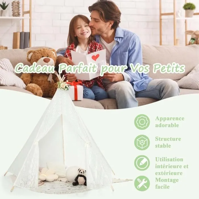 COSTWAY Grande Tipi Tente de Jeu Pour Enfant avec Guirlande de Lumières en Dentelle Romantique de Style Princesse-3
