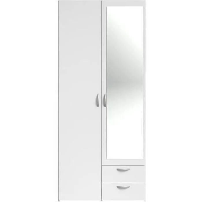 Armoire VARIA - Décor blanc - 2 portes battantes + 1 miroir + 2 tiroirs - L 81 x H 185 x P 51 cm - PARISOT-0