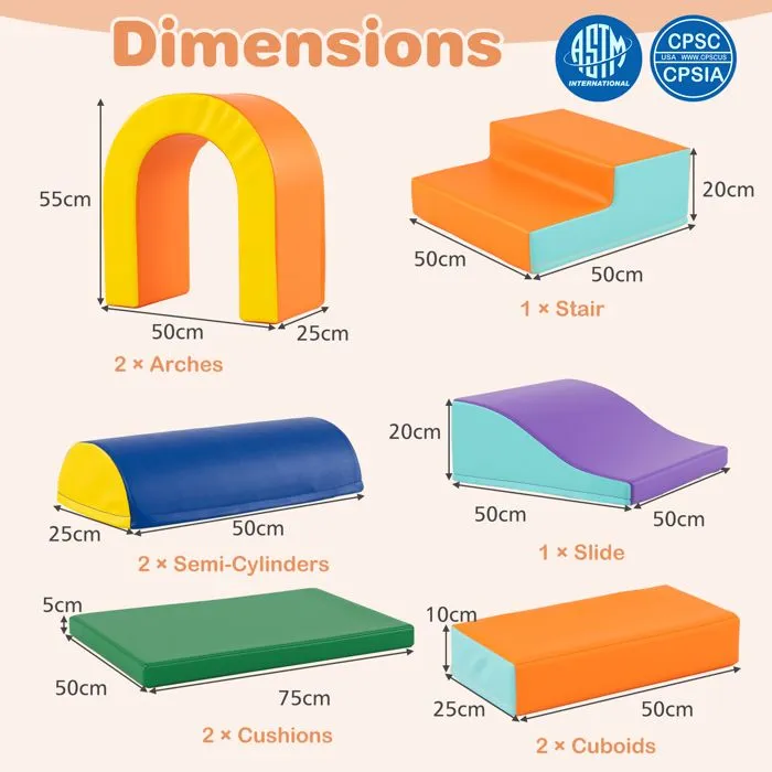 10 PCs Blocs de Construction en Mousse COSTWAY avec Toboggan & Escalier, Housse en Cuir & Bandes Agrippantes, 1 An+ Orange-1
