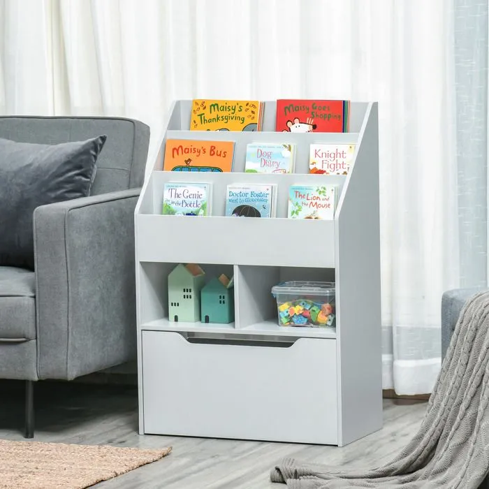Bibliothèque HOMCOM étagère Multi-Rangement 3 étagères 2 niches Grand tiroir en bois Gris-2