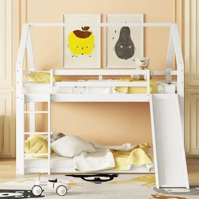 Lit superposé - Enfant - 140x200cm - Blanc - Toboggan - Échelle-1
