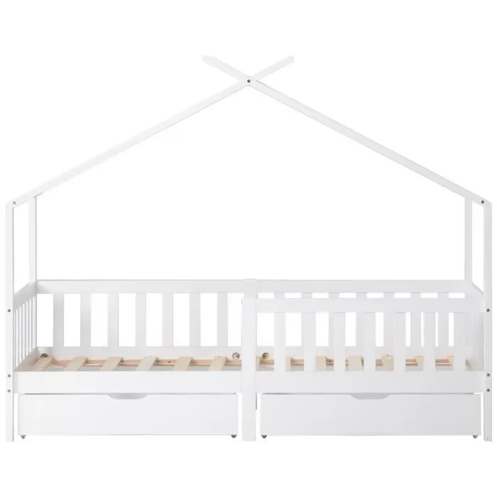 MODERNLUXE Lit cabane enfant avec 2 tiroirs, Lit d'enfant en pin blanc massif - Sommier inclus - 90 x 200 cm-2