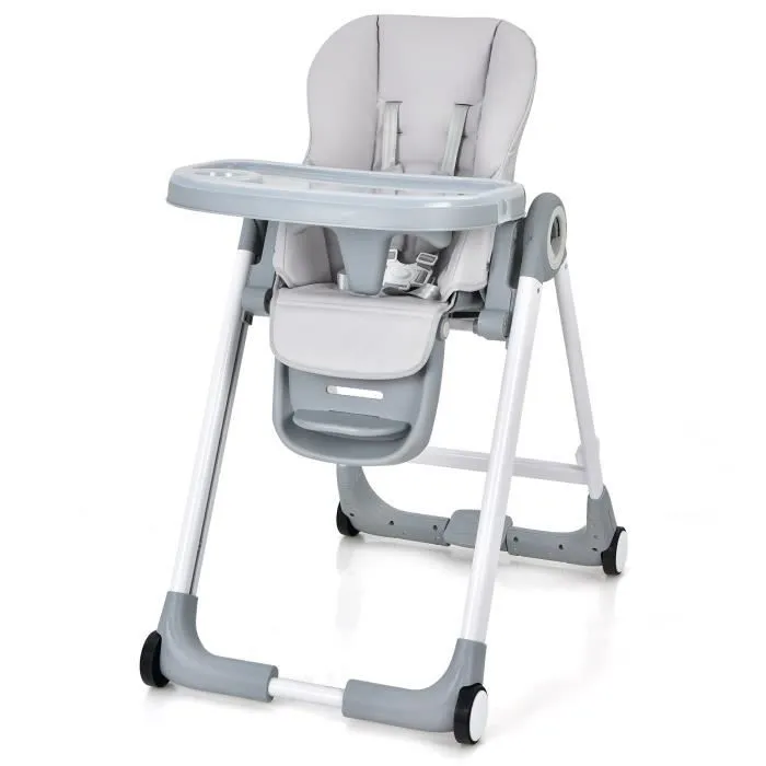 COSTWAY Chaise Haute Bébé Pliante-à Roulettes-Frein en une Etape-Doubles Plateaux Amovibles-Hauteur Réglable-Accoudoirs Rabattables-0