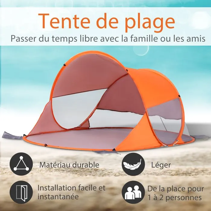 Outsunny - Abri de plage - Tissu de polyester - 200x120x90cm - Orange-4