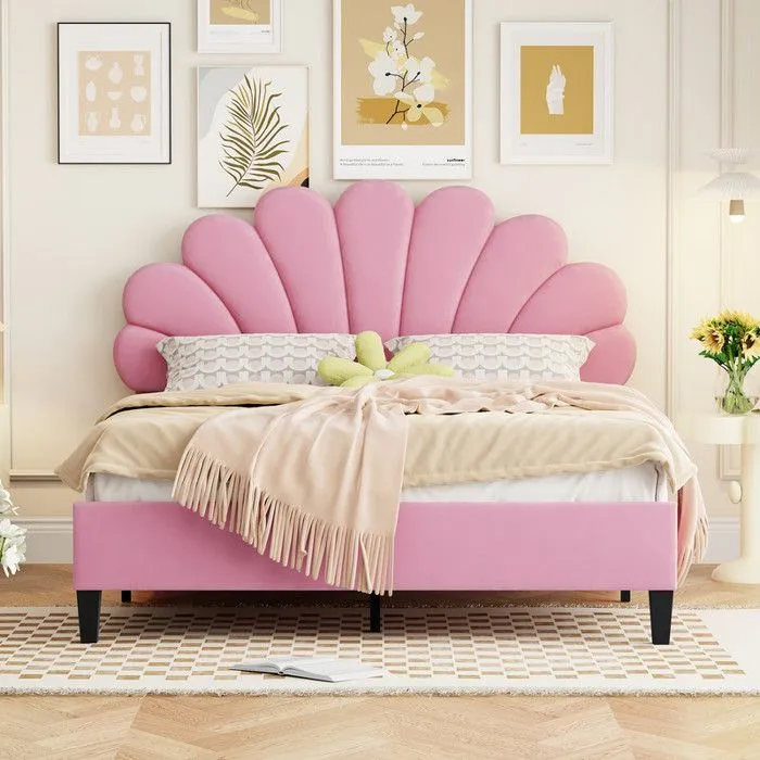 MODERNLUXE Lit double rembourré 140 x 200 cm, cadre de lit avec tête de lit fleurie et sommier à lattes, en tissu velours , rose-1