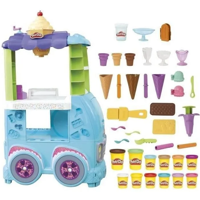 PlayDoh Camion de glace géant, Coffret Kitchen Creations, 27 accessoires, 12 pots de pâte à modeler, sons réalistes, dès 3 ans-0